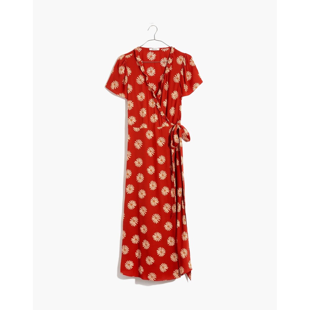 Madewell Red Floral Print Wrap Midi‎ Dress Short Sleeve Casual